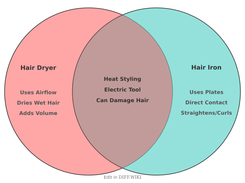 Venn diagram for Differences between Hair Dryer and Hair Iron
